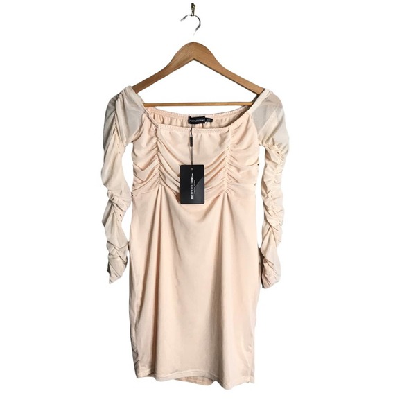 PrettyLittleThing | New Blush Ruched Mesh Bardot Bodycon Dress - Picture 4 of 12